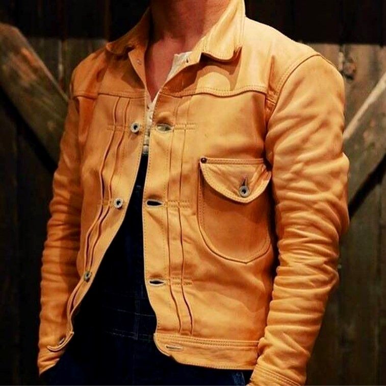 植鞣无涂茶芯马皮手工擦色做旧阿美咔叽1930s复古牛仔皮衣夹克男_不