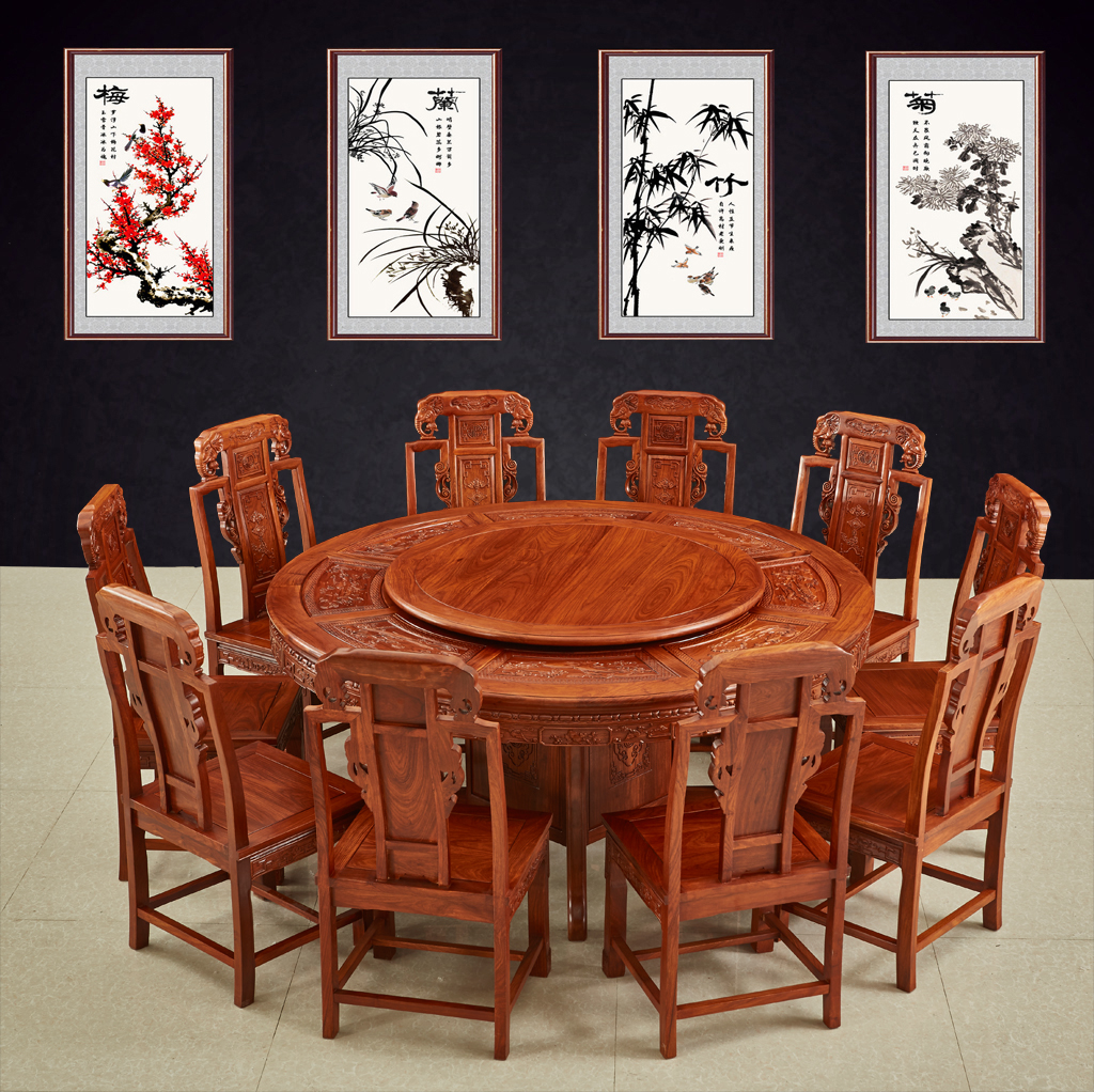 欧扬红木家具餐桌非洲花梨木象头圆桌刺猬紫檀餐桌椅