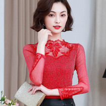 Autumn and winter plus velvet lace bottoming shirt womens long-sleeved 2019 new Korean western style small shirt with fashion mesh top