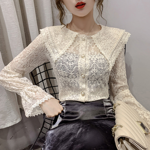 2020 fashion long sleeve elastic lace flare sleeve blouse