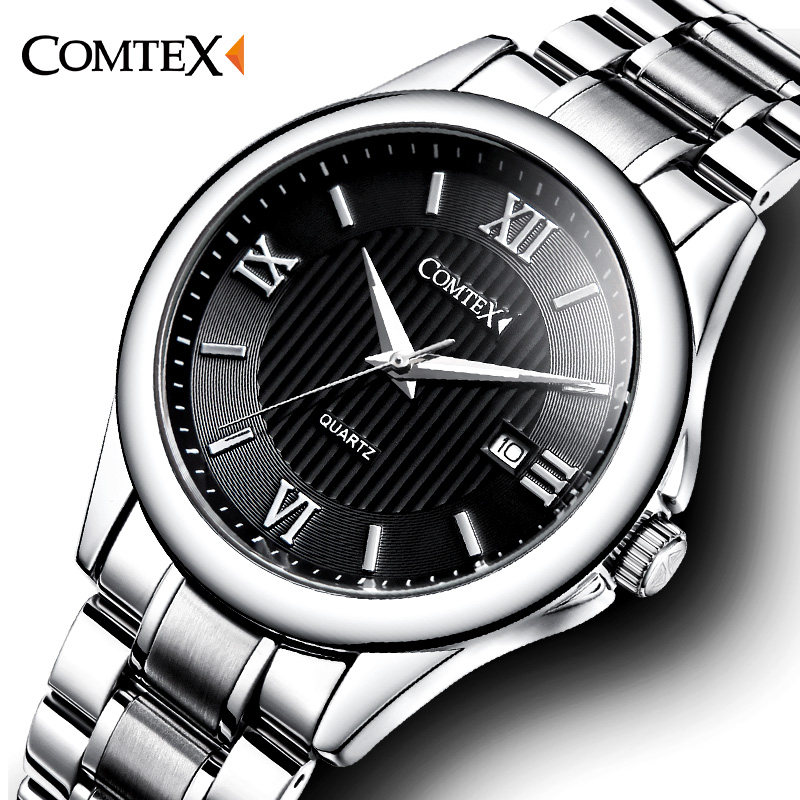 comtex卡帝仕男士手表钢带防水手表简约大气腕表夜光休闲手表男