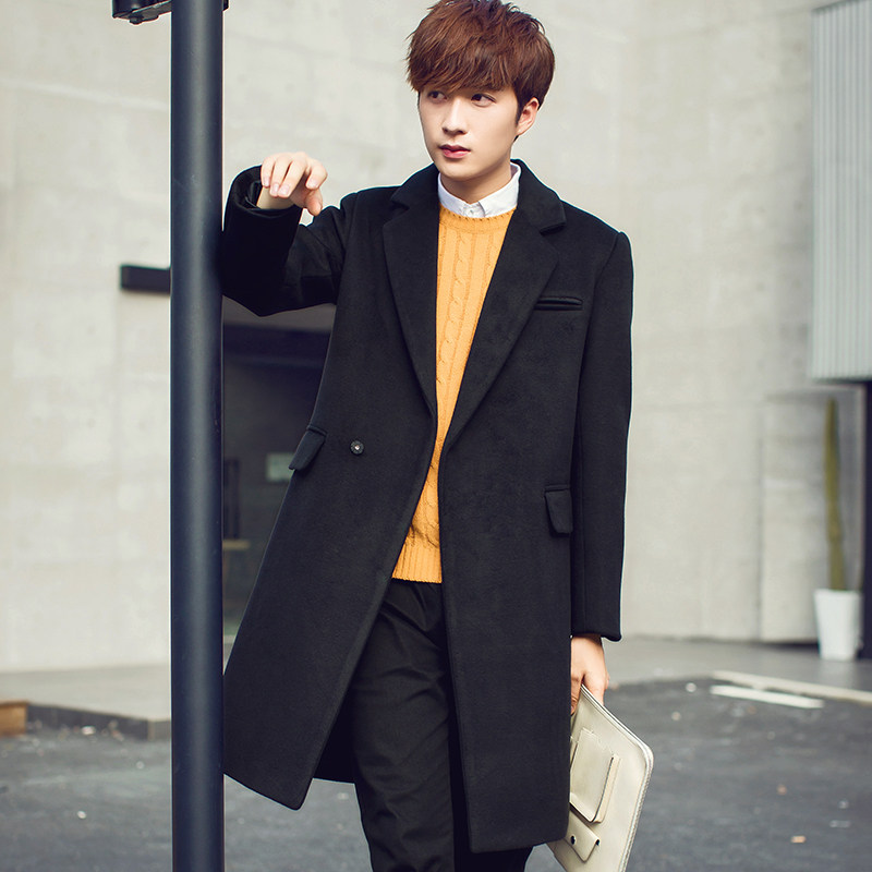 冬季男装中长款风衣 男士毛呢外套韩版修身西装领休闲呢子大衣潮