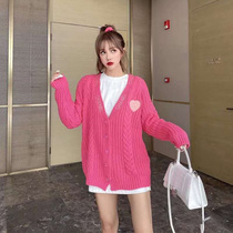 Gentle wind thin coat women loose wear 2021 new autumn Korean knitted cardigan pink long sleeve coat
