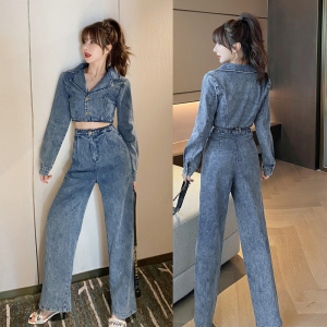 Leg long loose straight tube wide leg pants sexy long sleeve suit collar denim Jumpsuit