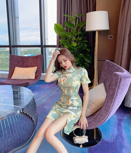 New cut-out printed flounced girl’s cheongsam dress