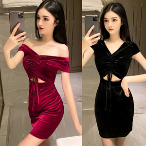 Sexy nightclub women’s low chest open waist pleated and buttocks dress