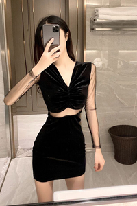 Sexy Hong Kong Style nightclub women’s V-neck mesh splicing hollow dress