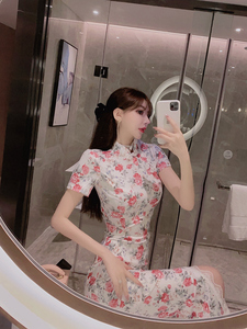 Printed split girl lace side long modified cheongsam medium length dress