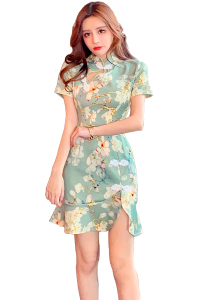 New cut-out printed flounced girl’s cheongsam dress