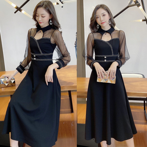 Retro medium length French long sleeve mesh women’s dress