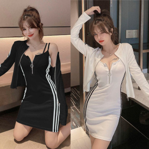 Autumn new long sleeve sexy suspender skirt cardigan small coat sunscreen two piece set