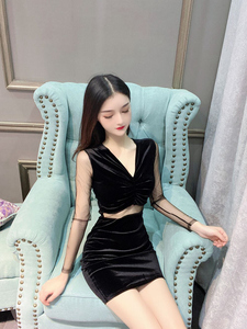 Sexy Hong Kong Style nightclub women’s V-neck mesh splicing hollow dress