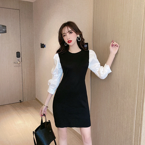 Knitted color contrast foam shirt sleeve dress