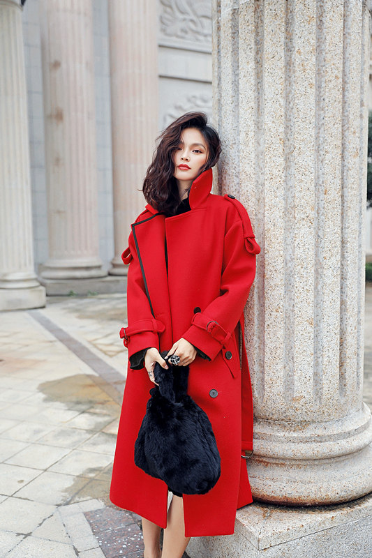 2017冬新款复古撞色长款毛呢外套双排扣 大翻领收腰呢子大衣女_7折