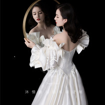 Wedding dress 2021 summer new shoulder satin retro - sleeved palace palace slim princess Qi - qi Hebn