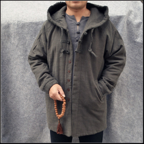 Plus size Chinese style Tang suit mens coat long cotton jacket hooded loose Chinese linen mens winter clothes