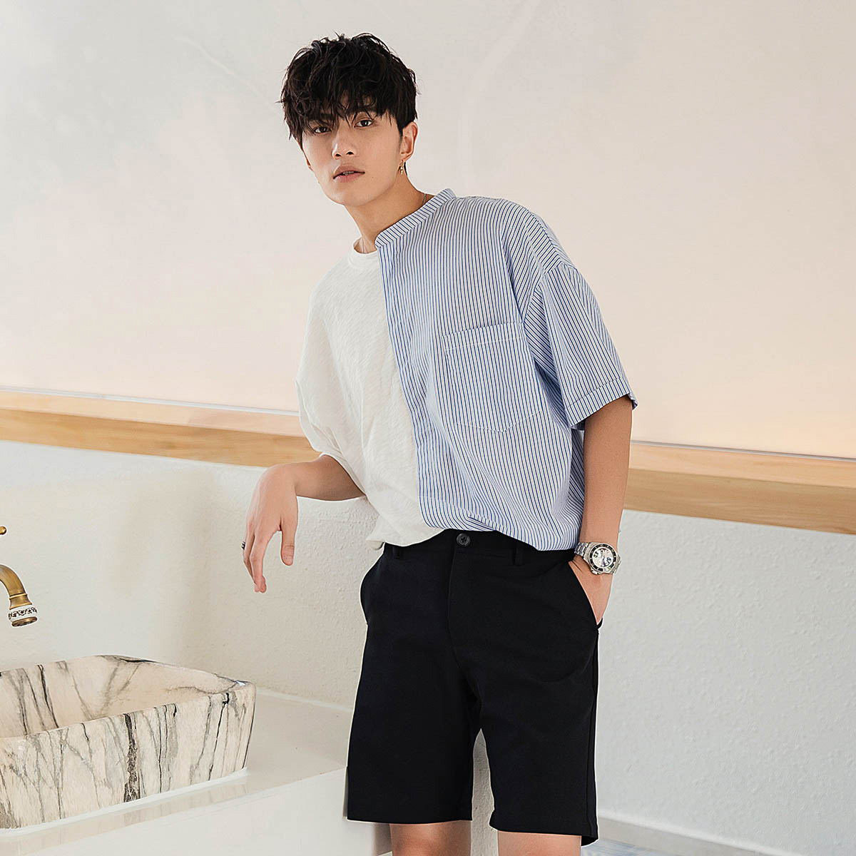 西西里男装 ins超火短袖男拼接t恤夏季韩版潮流宽松