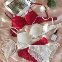 French red natal year womens underwear wedding bride sexy lace small chest top thin bottom thick gather bra set