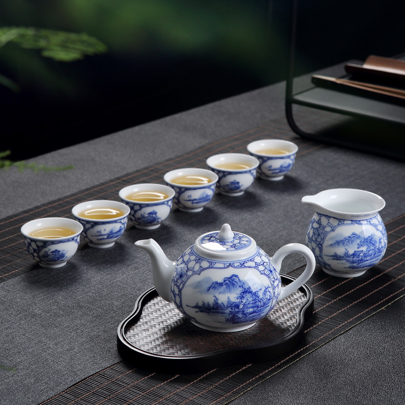 Jingdezhen ceramic kung fu tea set home sitting room hand teapot small Chinese blue and white porcelain tea cups