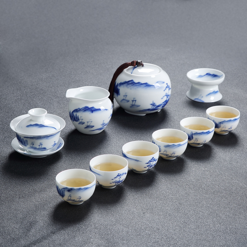 Jingdezhen blue and white porcelain hand - made ceramic kung fu tea set suits for Chinese style household small teapot tea tea cups