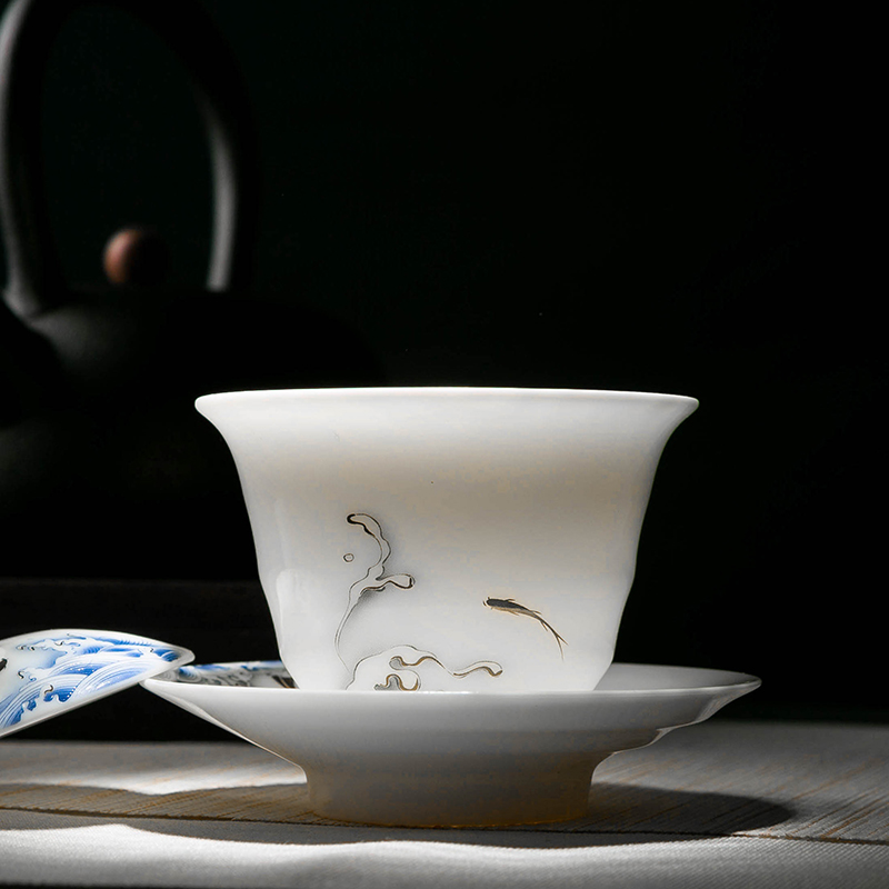 Jingdezhen suet jade white porcelain tea set household light key-2 luxury gift boxes kung fu tea cup lid bowl suit