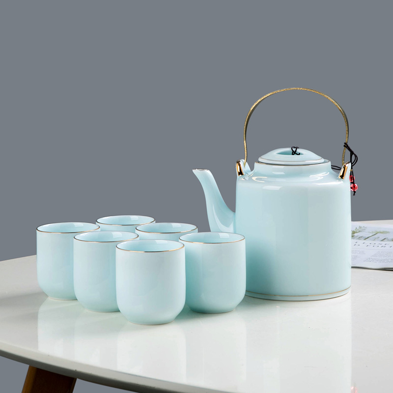 Jingdezhen ceramic tea set suit household contracted sitting room teapot large shadow celadon girder pot of tea set