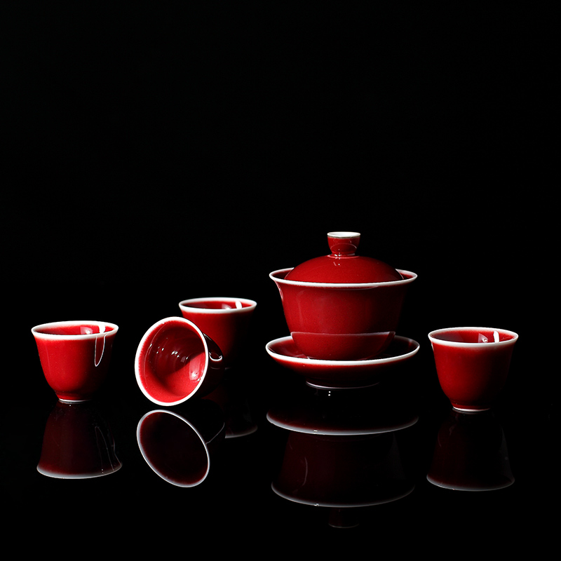 Jingdezhen lang up red tea set suit home sitting room ceramic kung fu tea tureen small suit ice cracked cup