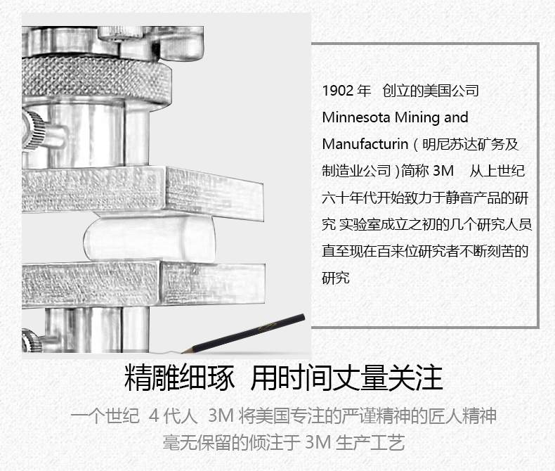1902年创立的美国公司Minnesota Mining andManufacturin(明尼苏达矿务及制造业公司)简称3M从上世六十年代开始致力于静音产品的硏究实验室成立之初的几个研究人员直至现在百来位研究者不断刻苦的研究精雕细琢用时间丈量关注个世纪4代人3M将美国专注的严谨精神的匠人精神毫无保留的倾注于3M生产工艺-推好价 | 品质生活 精选好价