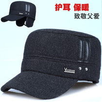 Old man hat male Winter thickened warm flat top hat middle-aged ear protector grandpa old man cap cotton cap