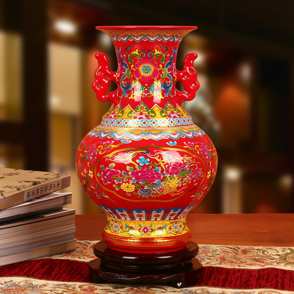 Jingdezhen ceramics glaze crystal Chinese red ears pomegranate flowers vase modern Chinese style adornment furnishing articles