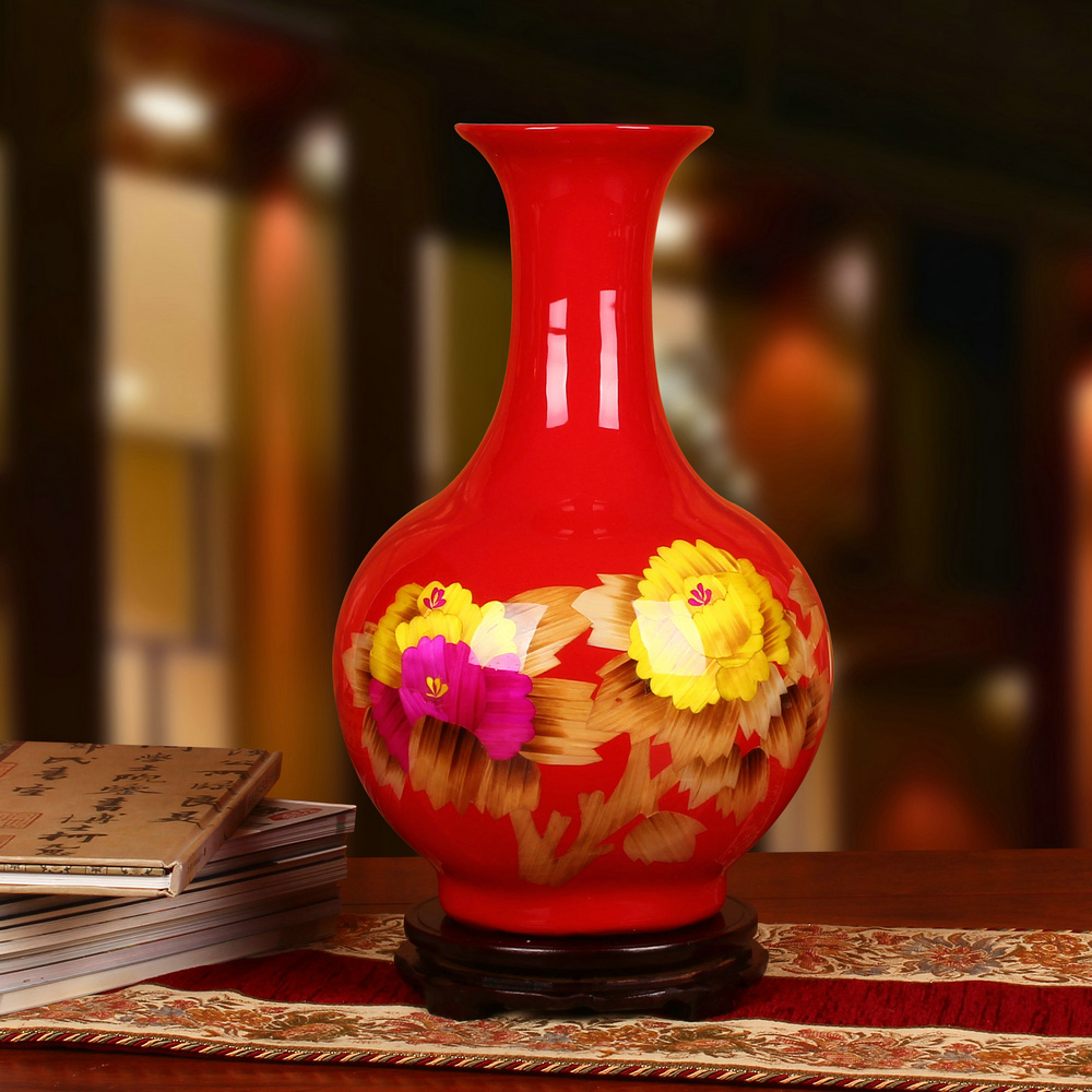 Jingdezhen ceramics China red peony flowers prosperous modern fashion vase happiness process decorative furnishing articles