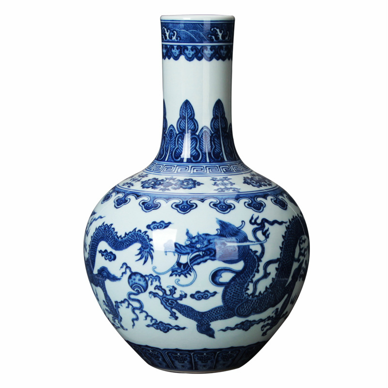 Jingdezhen ceramics vase modern Chinese hand - made antique blue and white porcelain dragon playing bead celestial vase furnishing articles