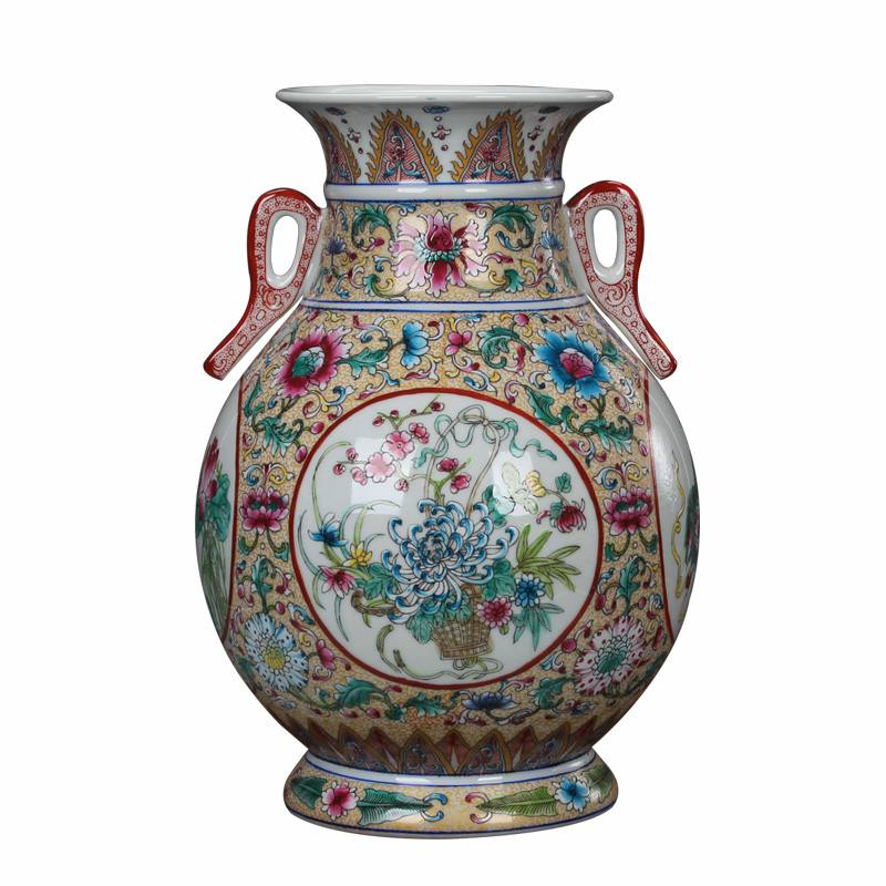 Jingdezhen ceramics antique hand - made colored enamel, grilled pattern open flower vases, Chinese style household furnishing articles of my ears