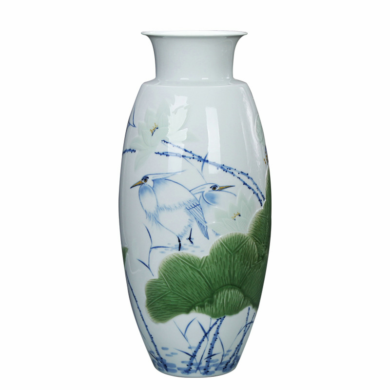 LuYiGang jingdezhen ceramics hand - made porcelain carving shadow blue glaze lotus heron vase handicraft furnishing articles