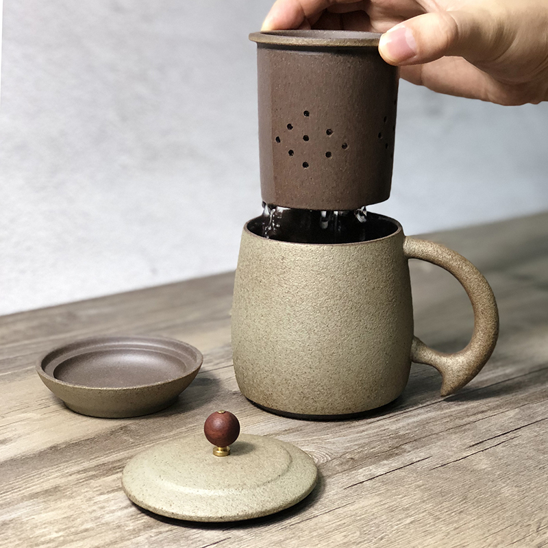 Retro coarse pottery tea mugs children water separation filter with cover glass mugs male big office