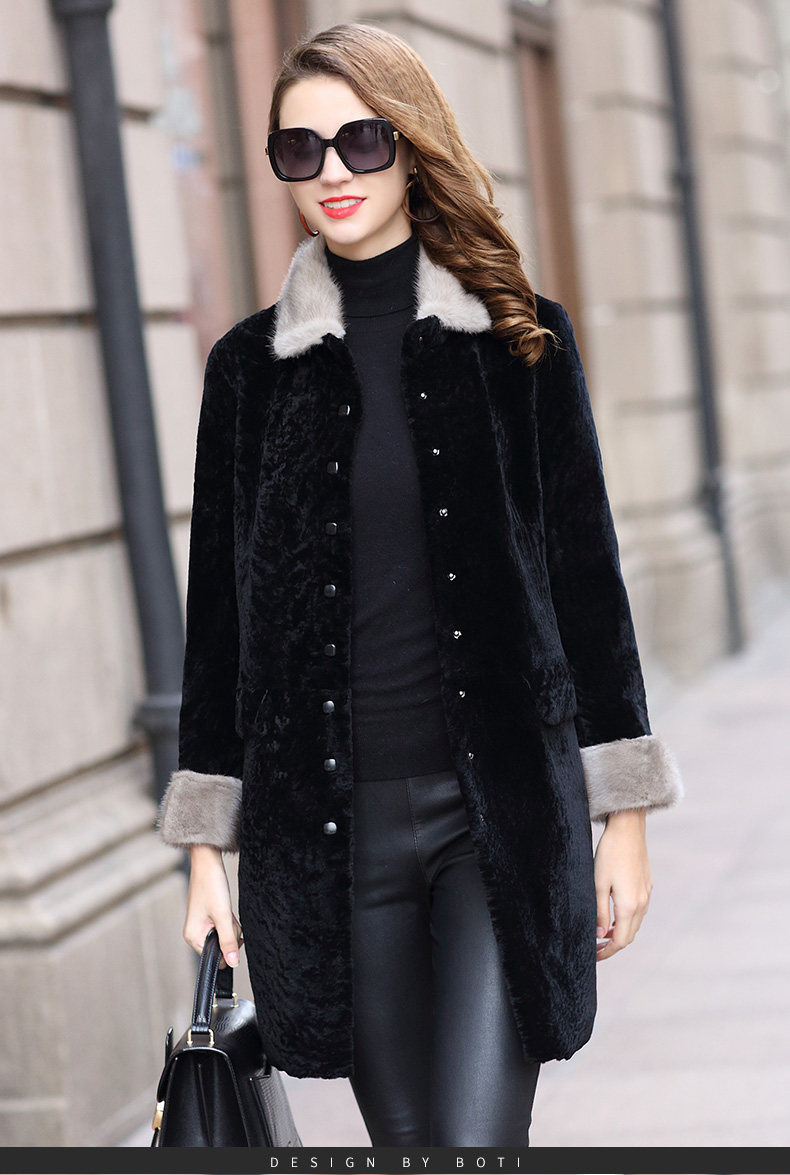 帛缇2017新水貂毛领皮草外套羊皮毛一体女大衣休闲中长脱卸领7381
