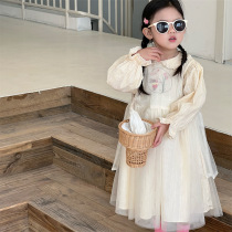 New children's clothing in spring 2023 Girls Han version of the printed bubble sleeve dress fake two sweet veil skirts