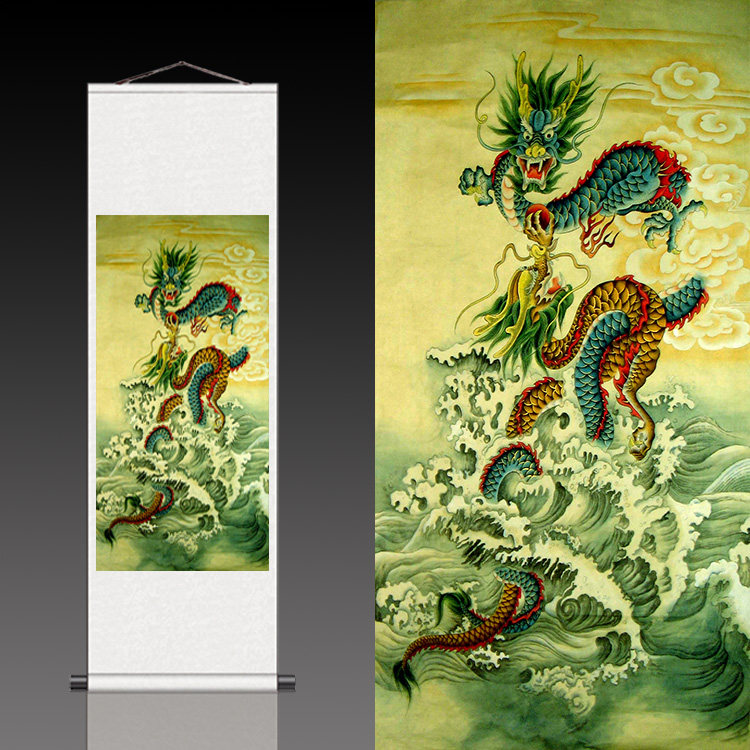 龙画镇宅挂画双龙戏珠图办公室招财画丝绸画卷轴画壁画风水装饰画