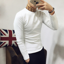 Autumn and winter trend high collar long sleeve T-shirt men plus velvet thickened Korean social guy slim base shirt body shirt