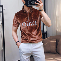 Spring and Autumn Trend Golden Velvet Zipper Stand Collar Short Sleeve Korean version of youth thin slim semi-high collar embroidered T-shirt men