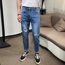 Jeans men autumn hole Tide brand Slim small foot pants Korean trend 2021 new casual mens trousers