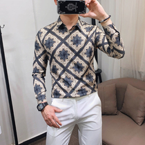 Spring trendy slim long-sleeved shirt men Korean youth fashion print wild non-iron casual British shirt