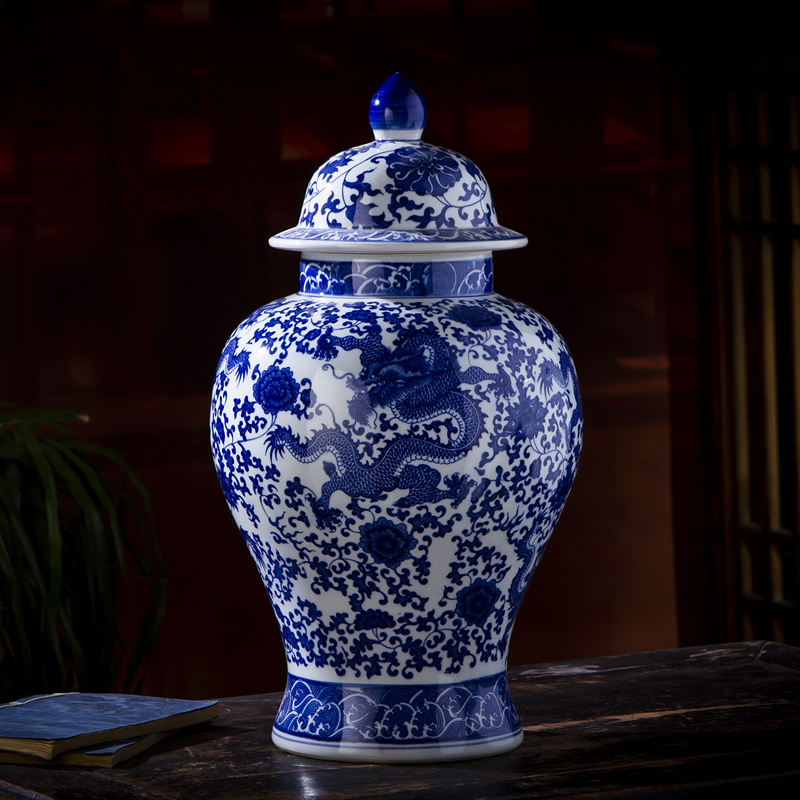 Jingdezhen ceramic general pot of blue and white porcelain vase furnishing articles Chinese antique pottery storage tank sitting room tea pot