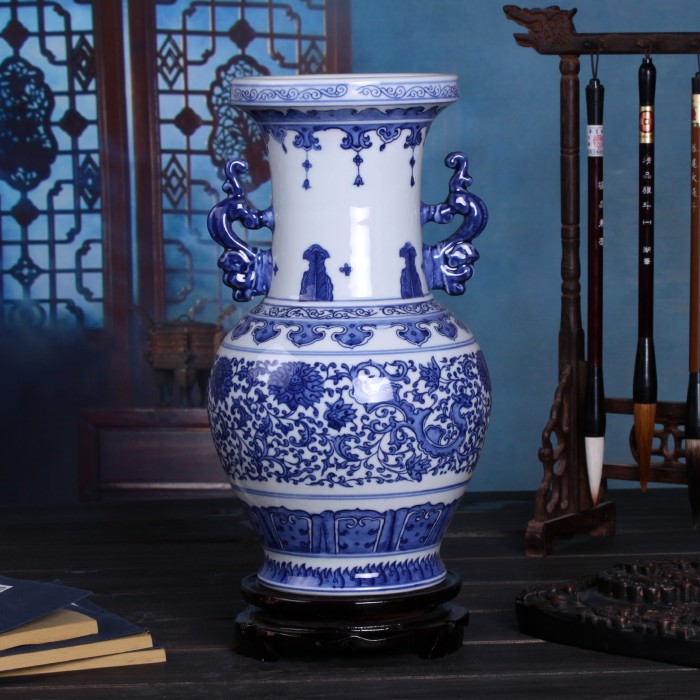 Jingdezhen porcelain hand - made ceramic vase of blue and white porcelain dragon double ears flower arrangement sitting room adornment handicraft furnishing articles