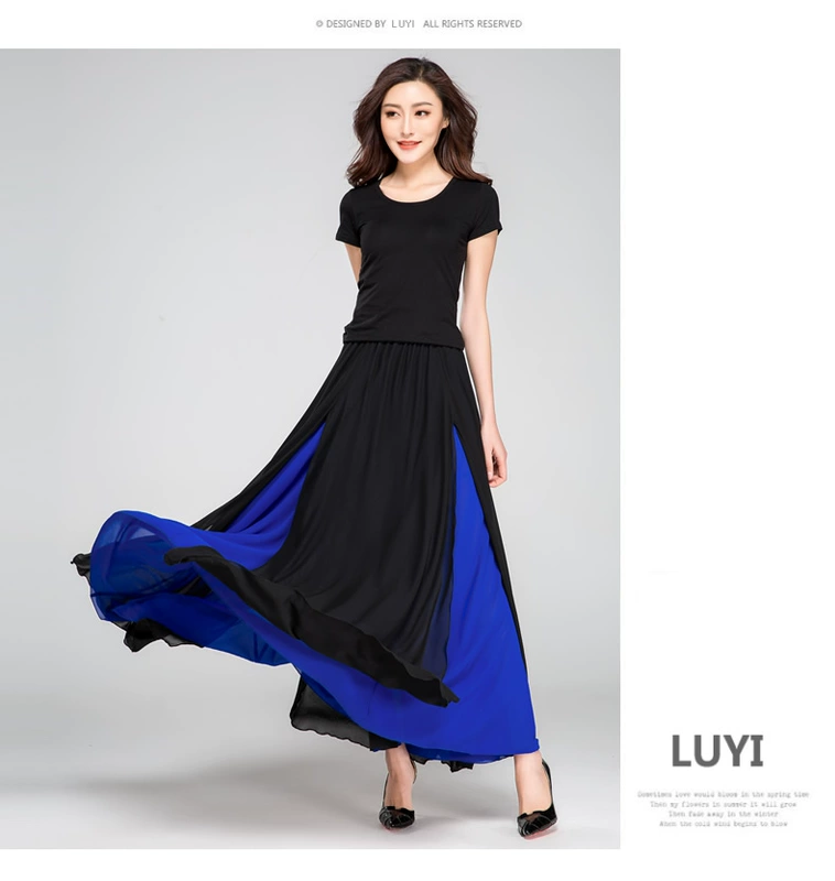 Ouyi mùa xuân và mùa hè mới váy voan hai lớp nửa dài, váy đi biển, váy khiêu vũ, váy ôm vừa vặn xẻ tà lớn gợi cảm - Váy