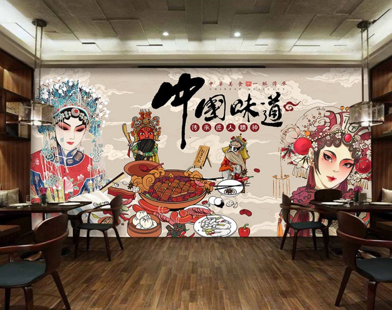 复古怀旧火锅店墙布背景墙壁纸手绘戏曲脸谱人物墙纸餐厅装饰壁画