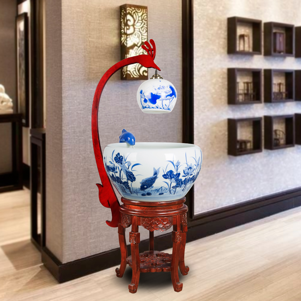 Blue and white porcelain aquarium fish bowl loop filtering large breeding goldfish pond lily sitting room scene in plutus cylinder furnishing articles