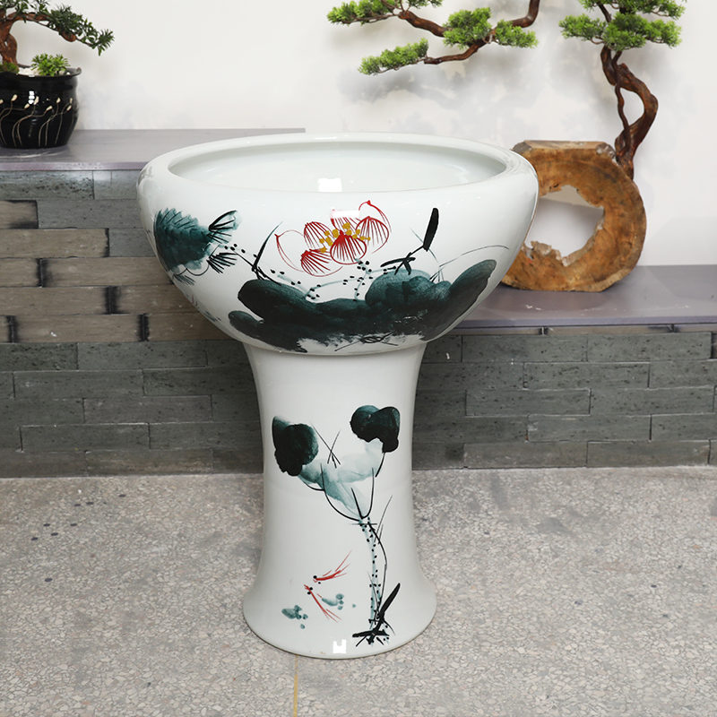 Jingdezhen ceramic floor pillar type tank oversized goldfish bowl lotus lotus feng shui is suing koi cylinder