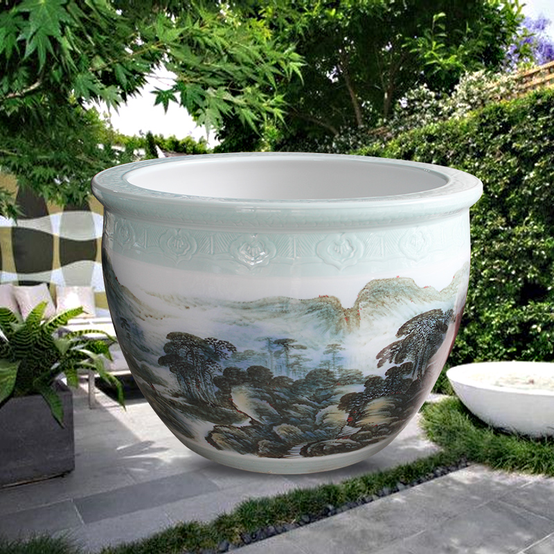 Blue and white porcelain tank 1 meter big basin of water tanks porcelain jar water lily lotus bowl lotus cylinder cylinder tortoise courtyard