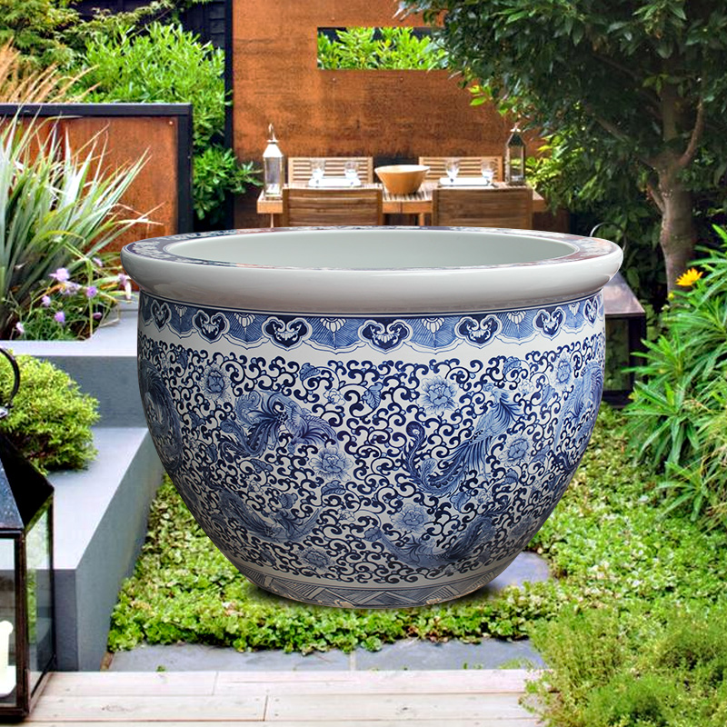 Blue and white porcelain tank 1 meter big basin of water tanks porcelain jar water lily lotus bowl lotus cylinder cylinder tortoise courtyard